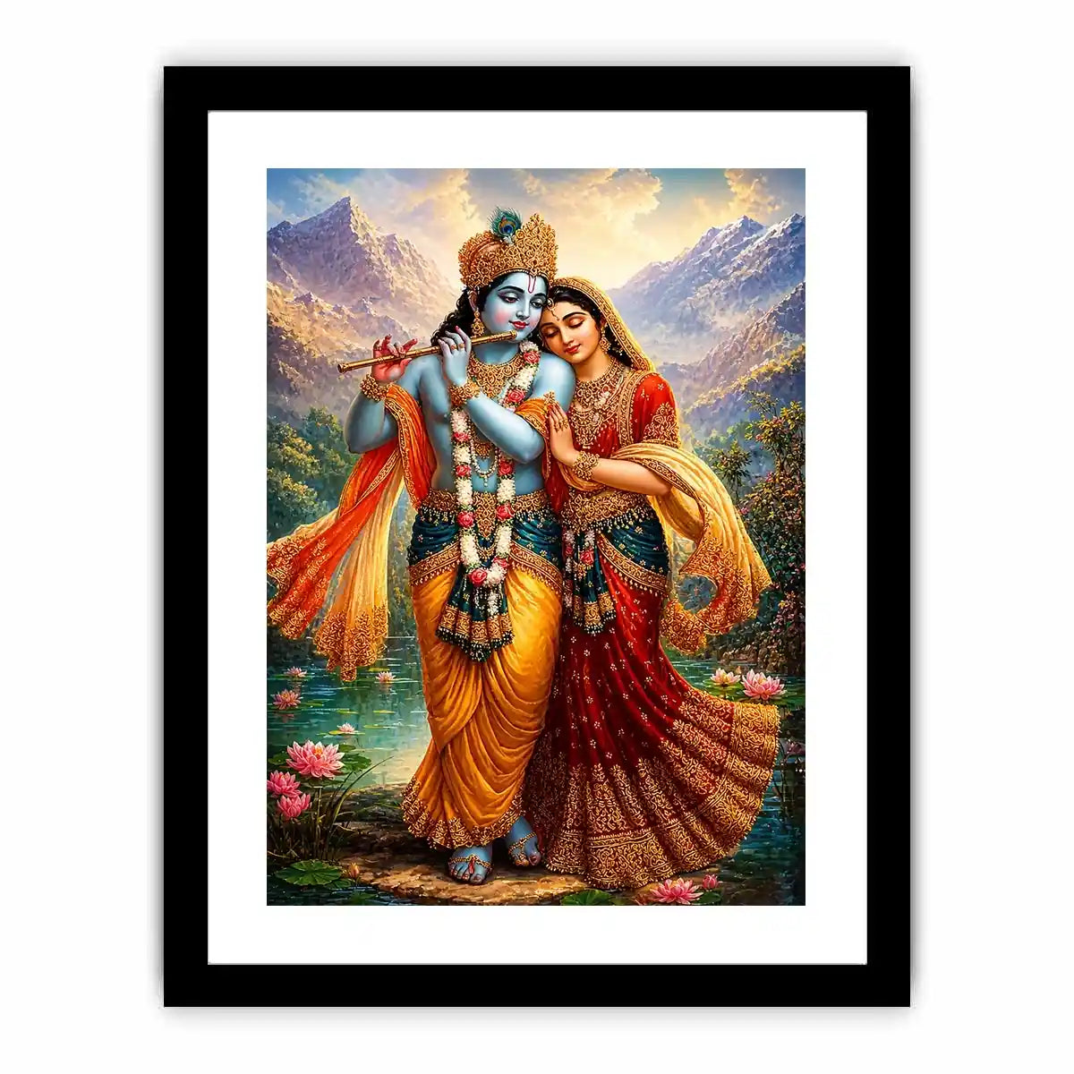 Krishna Radha mountain wall art canvas lotus lake spiritual painting divine couple luxury Indian decor vibrant artwork
