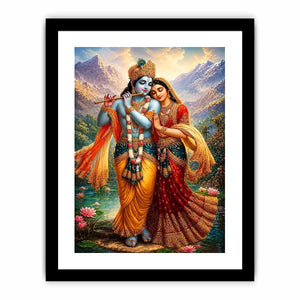 Krishna Radha mountain wall art canvas lotus lake spiritual painting divine couple luxury Indian decor vibrant artwork