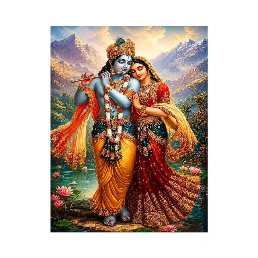 Krishna Radha mountain wall art canvas lotus lake spiritual painting divine couple luxury Indian decor vibrant artwork
