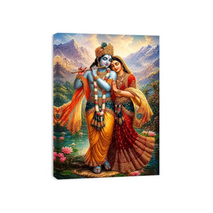 Krishna Radha mountain wall art canvas lotus lake spiritual painting divine couple luxury Indian decor vibrant artwork