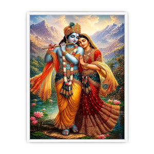 Krishna Radha mountain wall art canvas lotus lake spiritual painting divine couple luxury Indian decor vibrant artwork