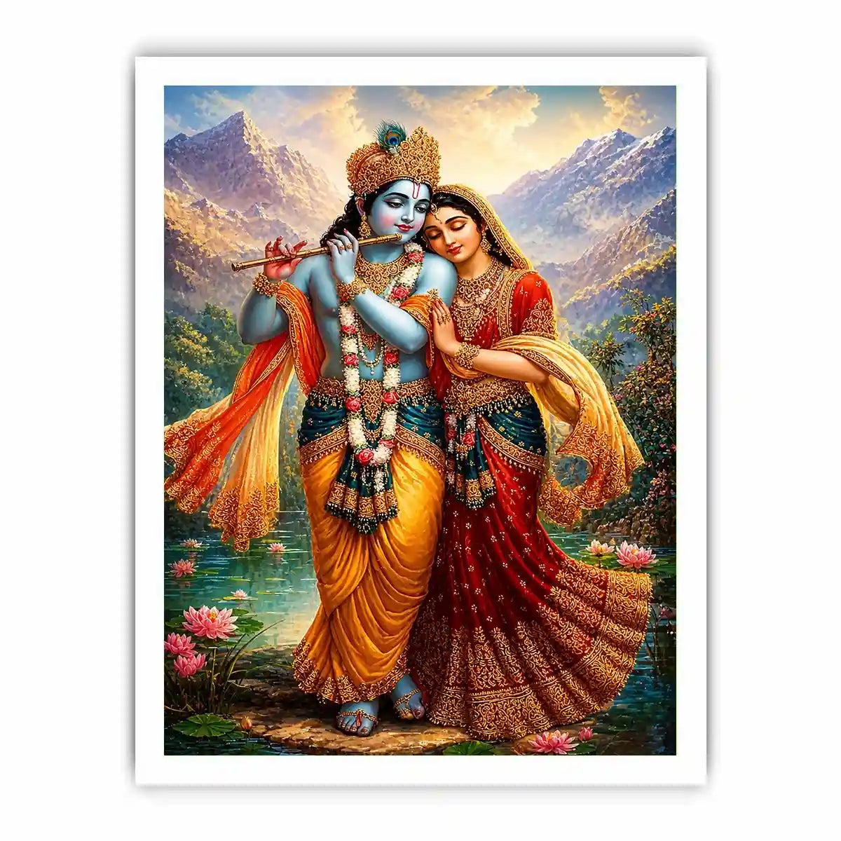 Krishna Radha mountain wall art canvas lotus lake spiritual painting divine couple luxury Indian decor vibrant artwork
