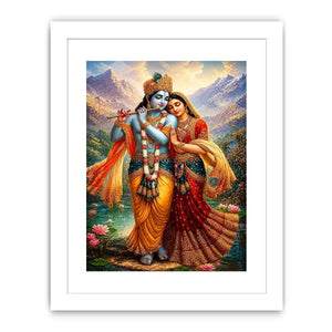 Krishna Radha mountain wall art canvas lotus lake spiritual painting divine couple luxury Indian decor vibrant artwork