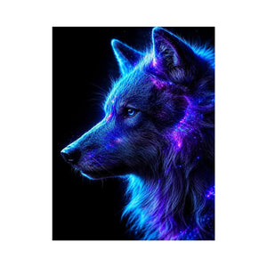 Neon cosmic wolf profile in blue and purple neon canvas art for modern luxury wall decor