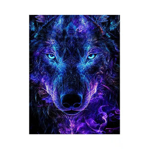 Glowing frontal wolf portrait with electric neon energy neon canvas art for modern luxury wall decor