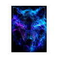 Mystic wolf emerging through blue and purple smoke neon canvas art for modern luxury wall decor
