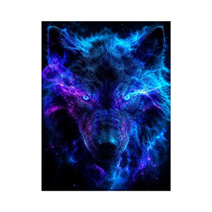 Mystic wolf emerging through blue and purple smoke neon canvas art for modern luxury wall decor