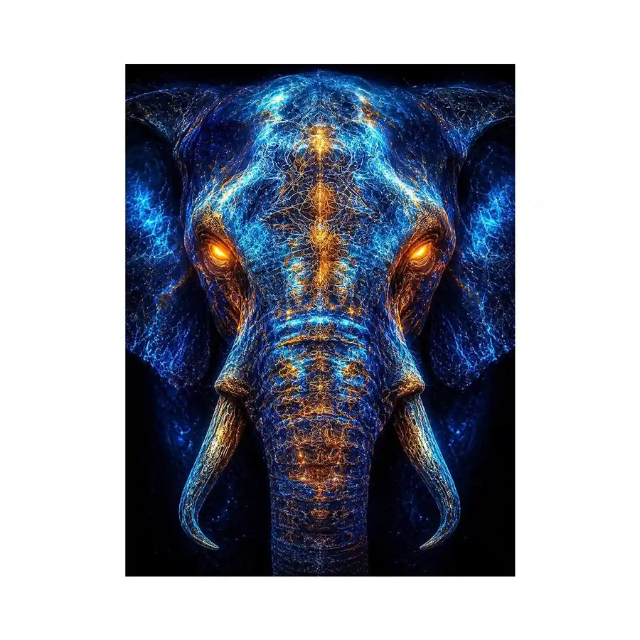 Electric elephant portrait with glowing golden energy neon canvas art for modern luxury wall decor