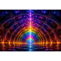 Rainbow futuristic tunnel with glowing architectural symmetry neon canvas art for modern luxury wall decor