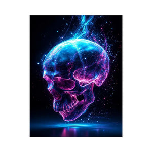 Cyberpunk glowing skull with electric pink and blue energy neon canvas art for modern luxury wall decor