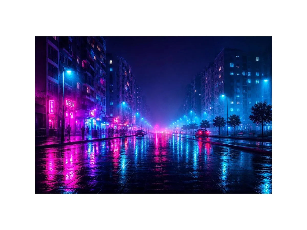 Rainy neon city street with cyberpunk reflections neon canvas art for modern luxury wall decor