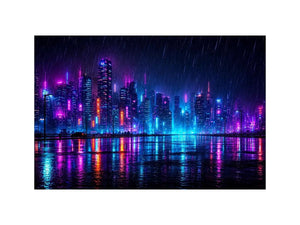 Futuristic neon skyline with rain reflections neon canvas art for modern luxury wall decor