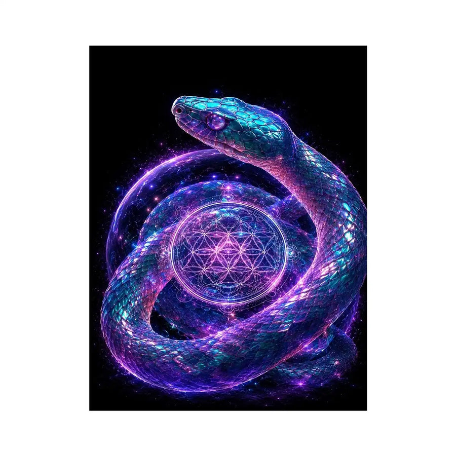 Surreal glowing snake canvas art with sacred geometry for modern luxury living room decor.