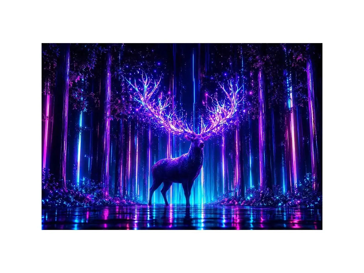 Futuristic glowing deer canvas art for modern living room and gaming room decor.