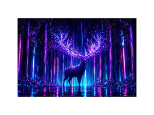 Futuristic glowing deer canvas art for modern living room and gaming room decor.