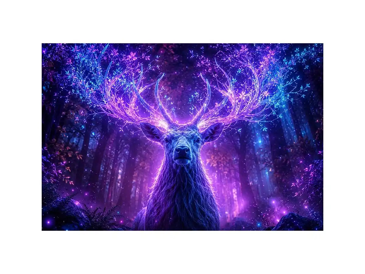 Mystical glowing stag canvas art for modern living room and fantasy inspired luxury wall decor.