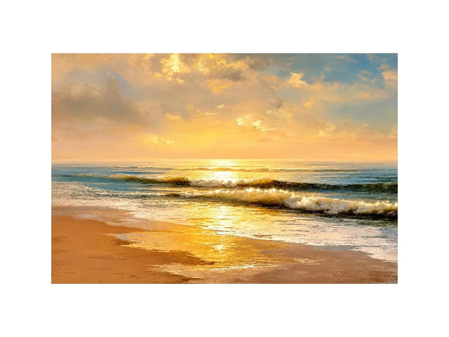 Sunlit ocean beach at sunrise canvas art for elegant living room decor