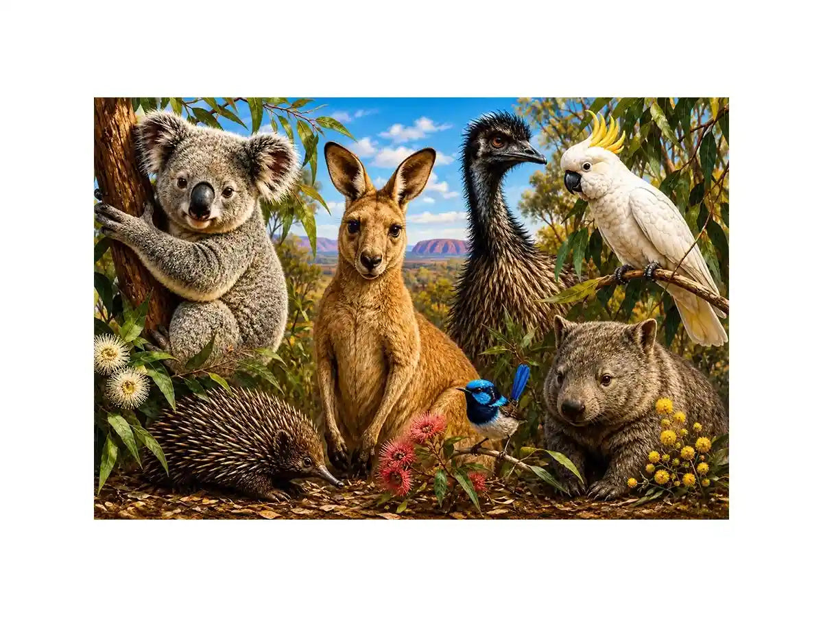 Australian wildlife collage artwork canvas art for elegant living room decor