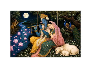 Radha Krishna moonlit spiritual painting canvas art for elegant living room decor