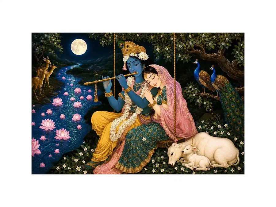 Radha Krishna moonlit spiritual painting canvas art for elegant living room decor