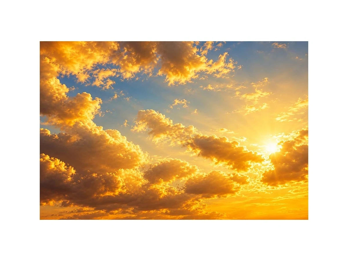 Golden cloudscape and sun rays canvas art for elegant living room decor