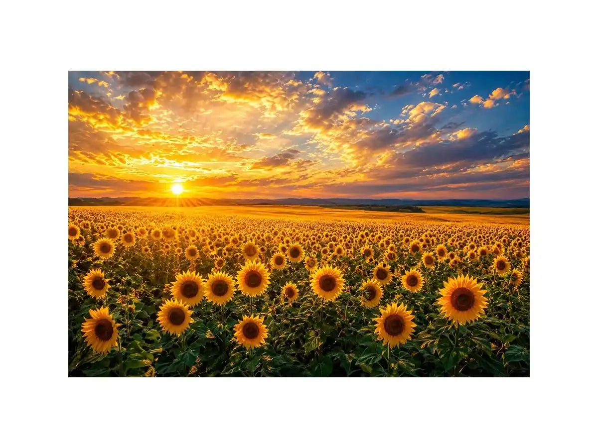 Sunflower field at sunset canvas art for elegant living room decor
