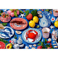 Colorful seafood illustration canvas art for coastal kitchen decor.