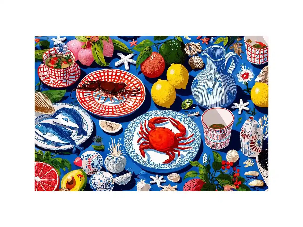 Colorful seafood illustration canvas art for coastal kitchen decor.