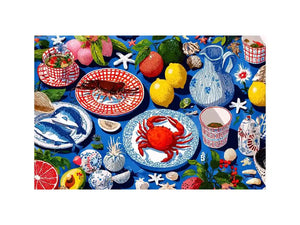 Colorful seafood illustration canvas art for coastal kitchen decor.