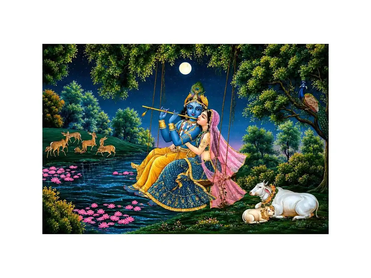 Krishna and Radha spiritual canvas art for peaceful living room decor.
