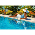 Elegant poolside woman canvas art for bright luxury bedroom decor.