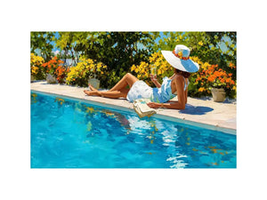Elegant poolside woman canvas art for bright luxury bedroom decor.