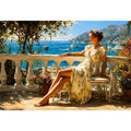 Elegant Mediterranean woman canvas art for coastal bedroom decor.
