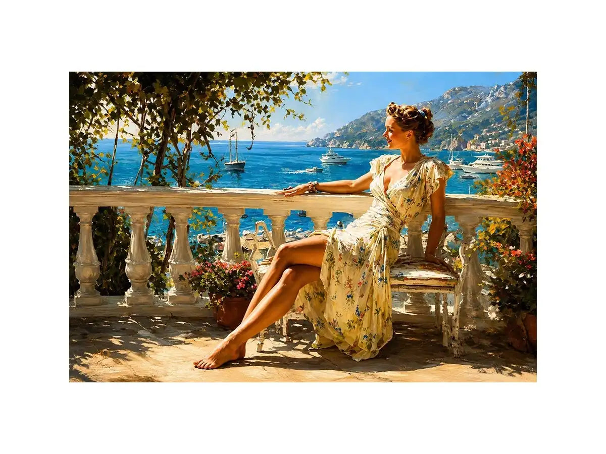 Elegant Mediterranean woman canvas art for coastal bedroom decor.
