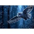 Owl in flight canvas art with misty blue forest for serene bedroom decor.