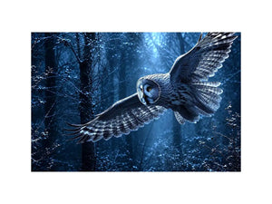 Owl in flight canvas art with misty blue forest for serene bedroom decor.