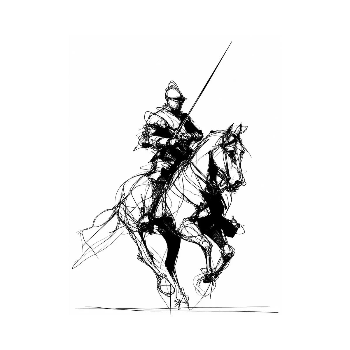 Black line art horse and knight artwork for modern office or hallway decor.