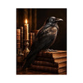 Moody raven and antique books canvas art for vintage office or reading nook decor.