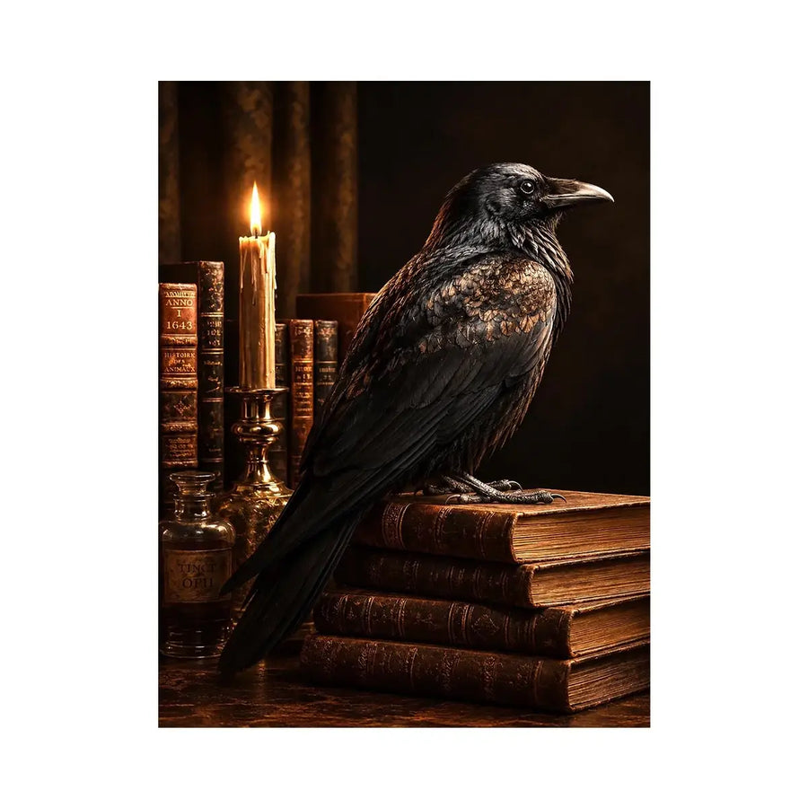 Moody raven and antique books canvas art for vintage office or reading nook decor.