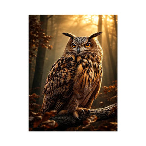 Majestic owl canvas art in misty forest for rustic office and living room decor.