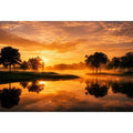 Warm sunset lake landscape canvas art for living room or dining room decor.