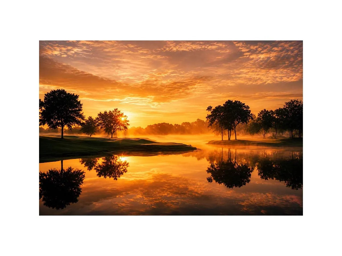 Warm sunset lake landscape canvas art for living room or dining room decor.