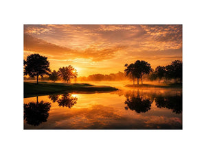Warm sunset lake landscape canvas art for living room or dining room decor.