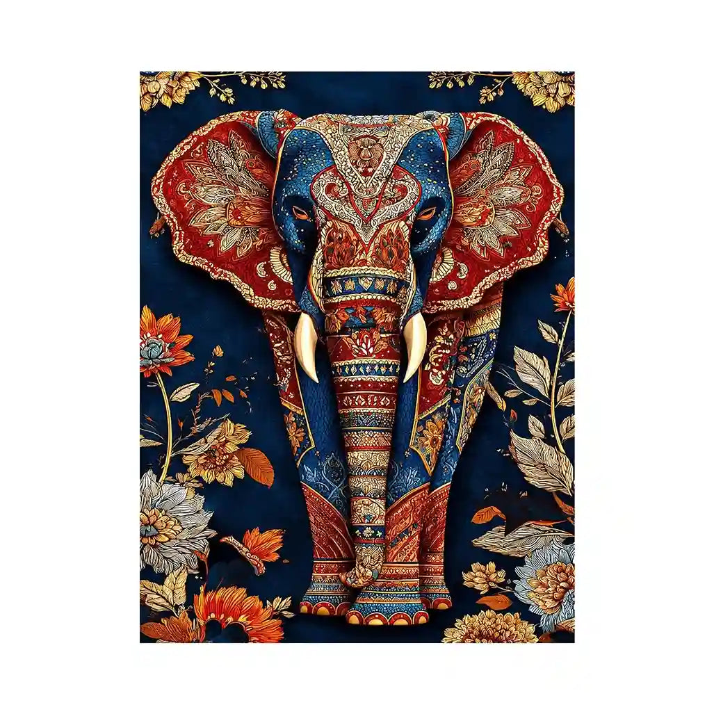 Ornate royal elephant canvas art with blue red and gold details for eclectic decor.