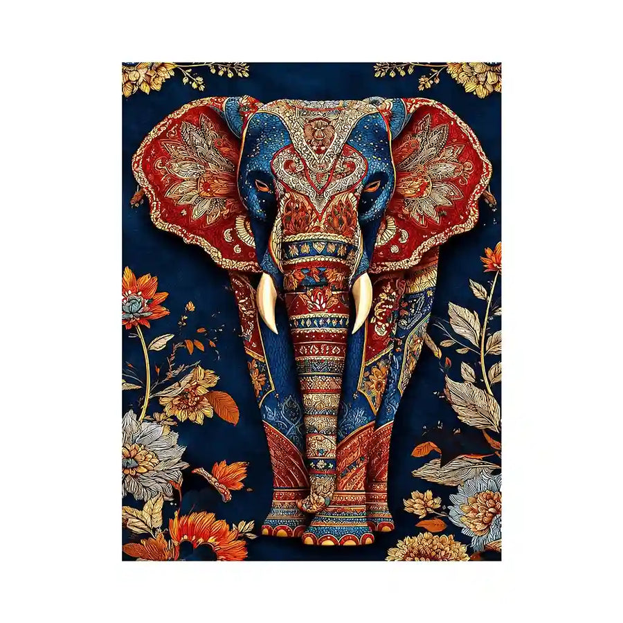 Ornate royal elephant canvas art with blue red and gold details for eclectic decor.