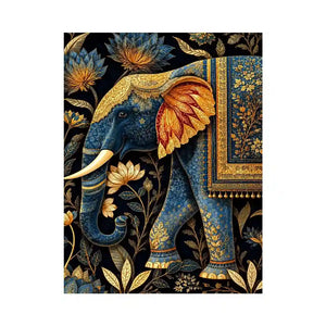 Blue and gold elephant canvas art with lotus florals for luxury entryway decor.