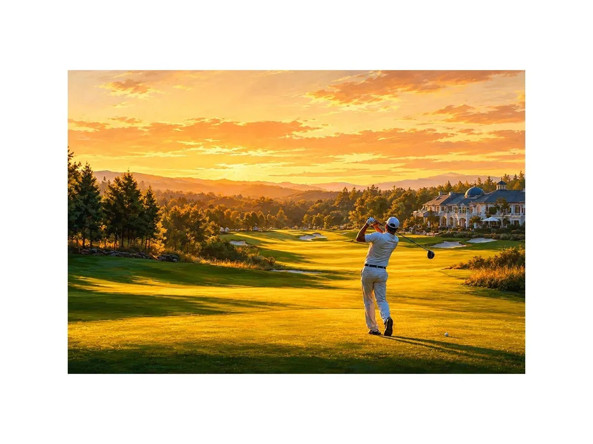 Golden golf course canvas art for modern office or living room decor.