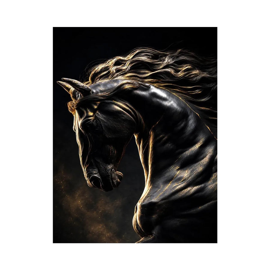 Black horse canvas art with gold accents for luxury living room decor.