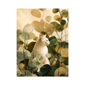 White cat botanical canvas print for serene bedroom or office decor.