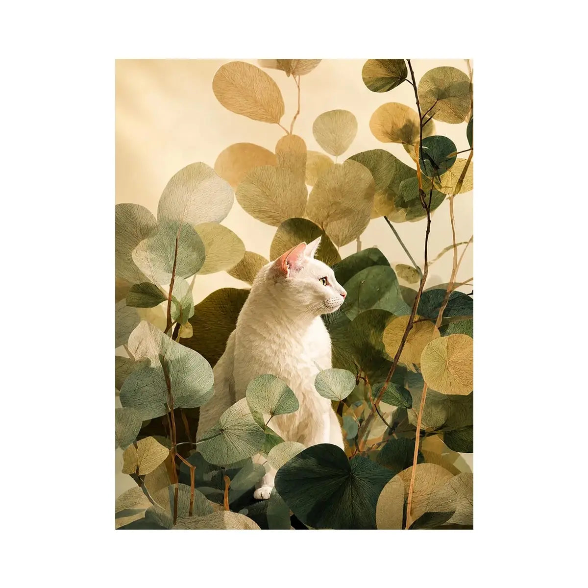 White cat botanical canvas print for serene bedroom or office decor.